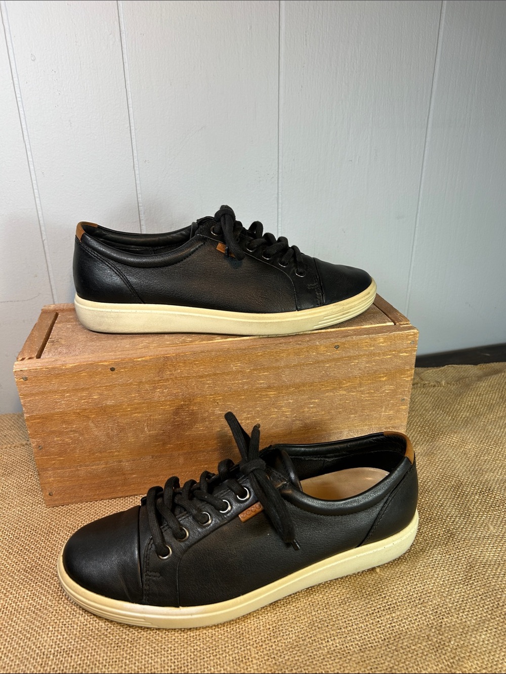 Ecco Black Leather Low-Top Sneakers with Cream Sole